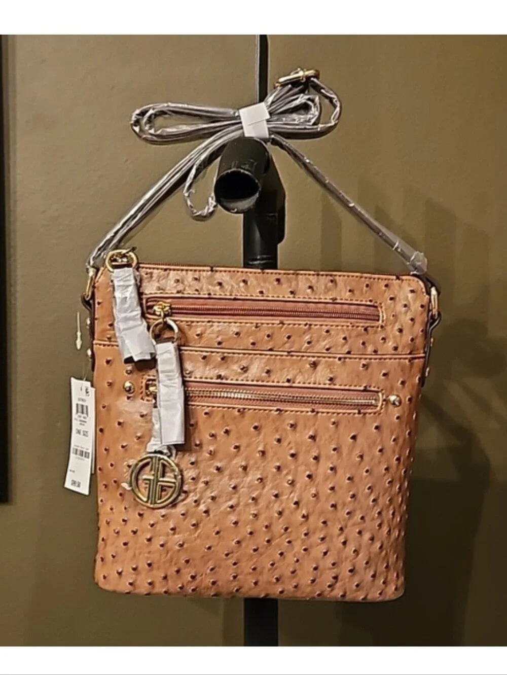 Giani Bernini Designer Embossed Faux Ostrich Crossbody Bag Purse Mocha Gold NWT